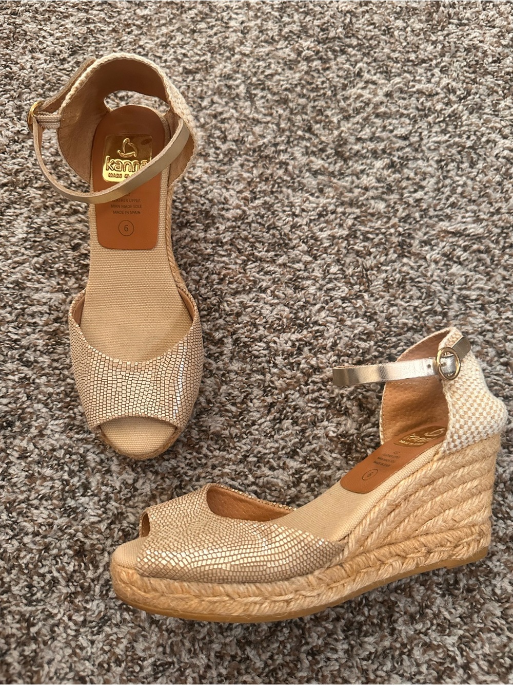 kanna Gold Beige Espadrille Wedge Sandals - Picture 2 of 5